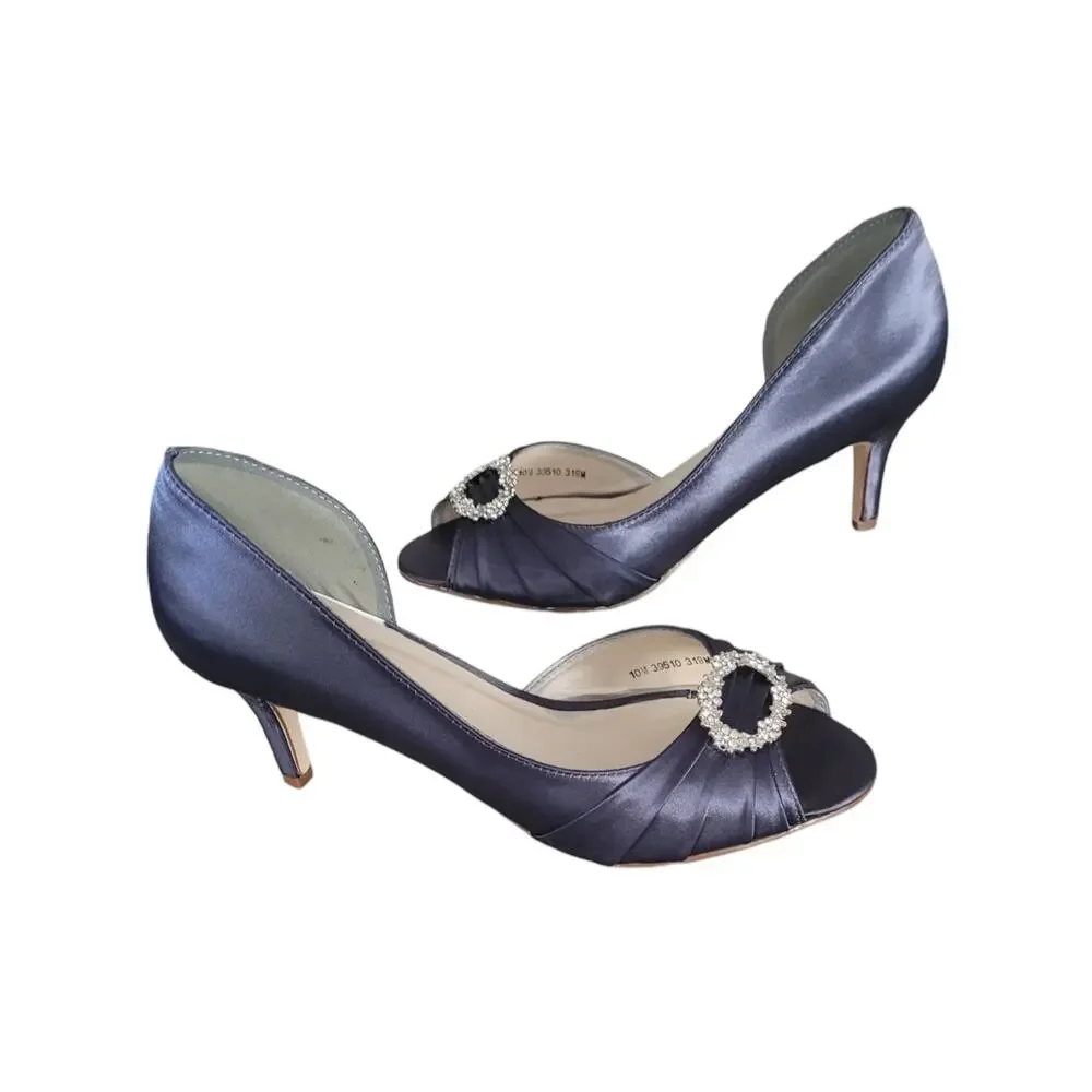 Benjamin Walk Women's Peep Toe Blue Satin Dress Casual Heels w/ Rhinestone Sz 10
